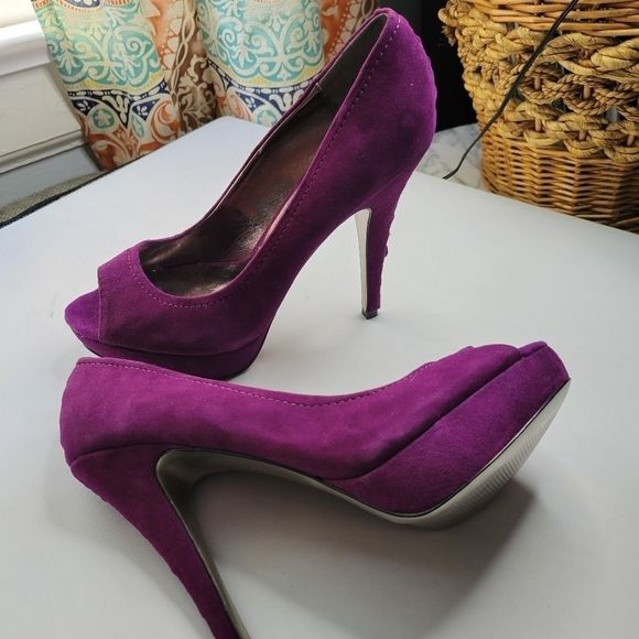 STEVE MADDEN Purple Silver Suade Peep Toe Heels - Picture 5 of 16